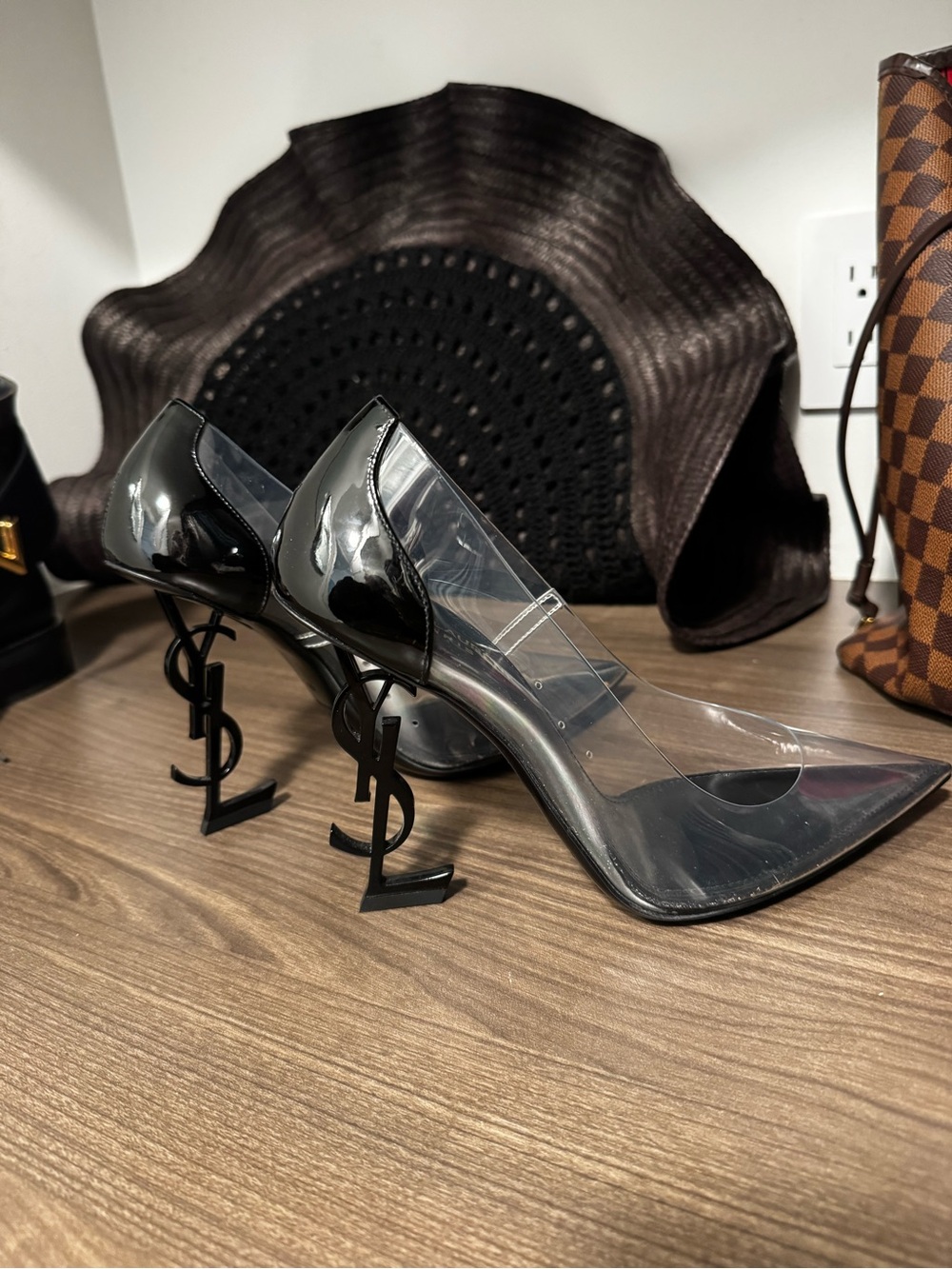 Saint Laurent Black Patent & Clear PVC Pointed Toe Pump with YSL Logo Heel - Picture 10 of 10